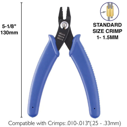 Blue crimping tool with measurements and compatibility details on a white background