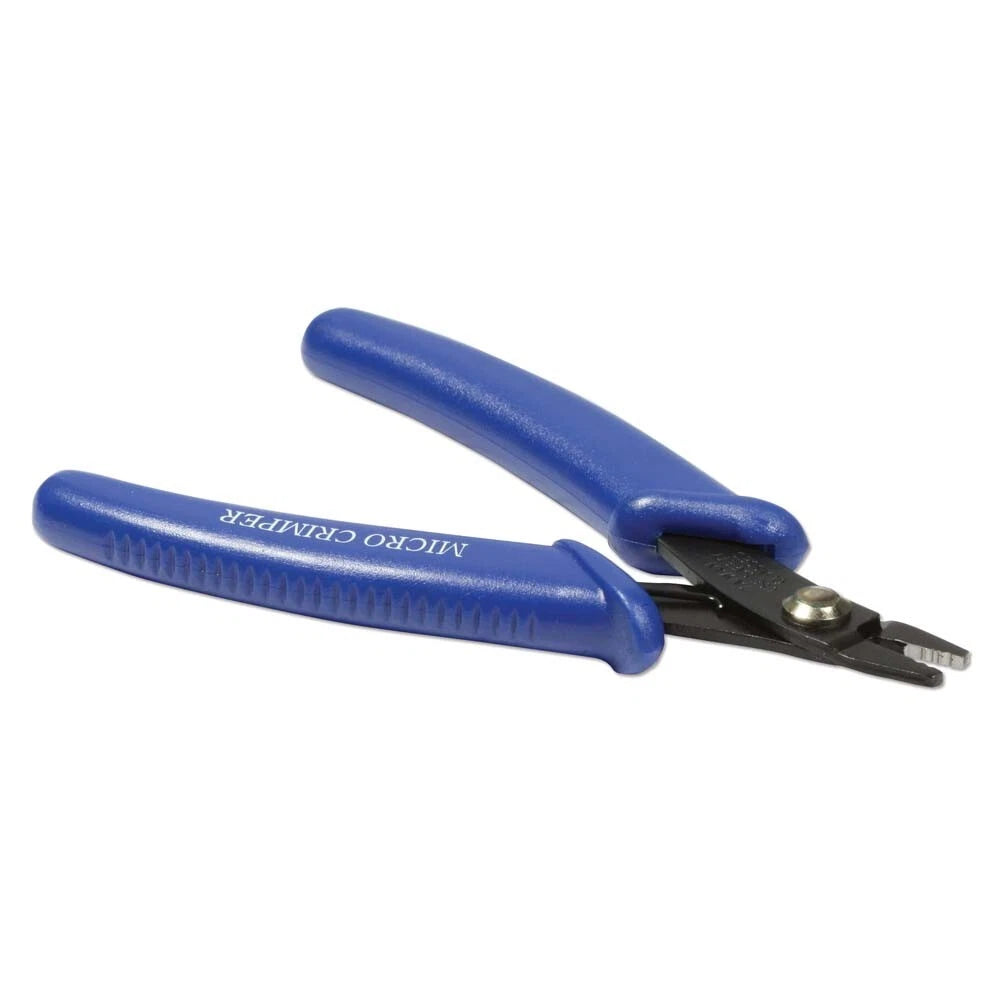 Blue micro crimber pliers with a textured grip handle and black metal jaws, shown on a plain white background.