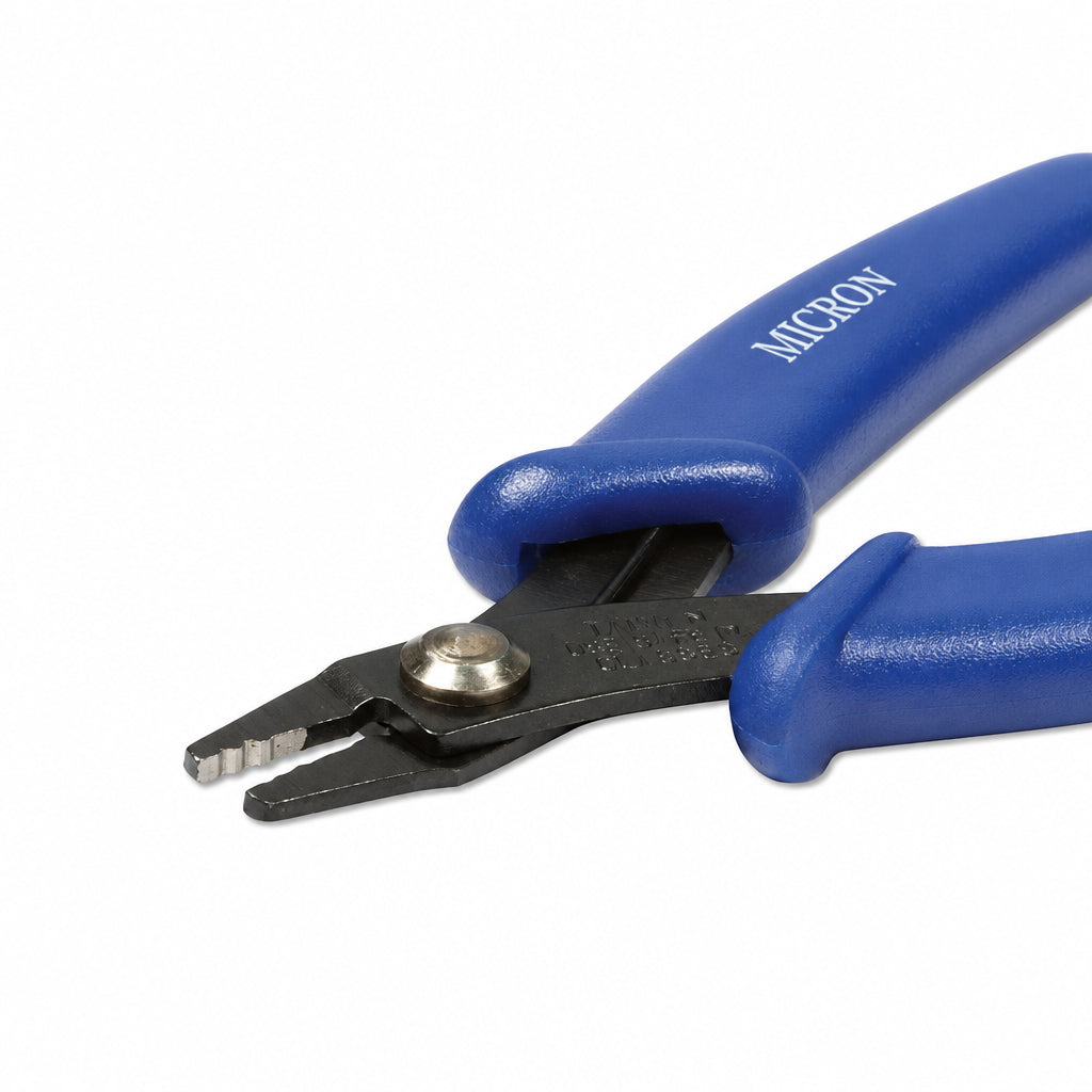 Close-up of a pair of blue-handled micro-needle pliers with black metal jaws and a silver pivot screw, on a white background.