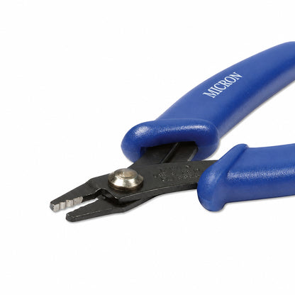 Close-up of a pair of blue-handled micro-needle pliers with black metal jaws and a silver pivot screw, on a white background.
