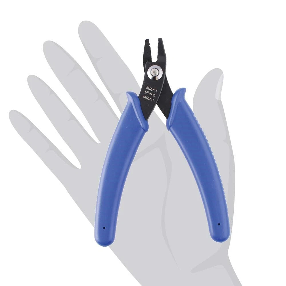 Blue and black micro wire stripping pliers displayed over a translucent gray hand silhouette on a white background.