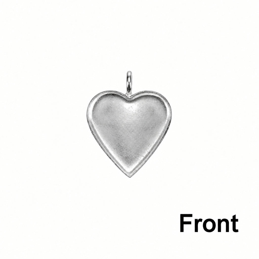 A silver heart-shaped pendant charm with a polished finish and a small bail at the top, shown from the front on a plain white background with the word 'Front' in the bottom right corner.