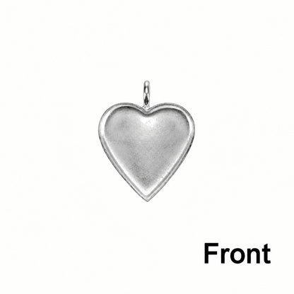 A silver heart-shaped pendant charm with a polished finish and a small bail at the top, shown from the front on a plain white background with the word 'Front' in the bottom right corner.