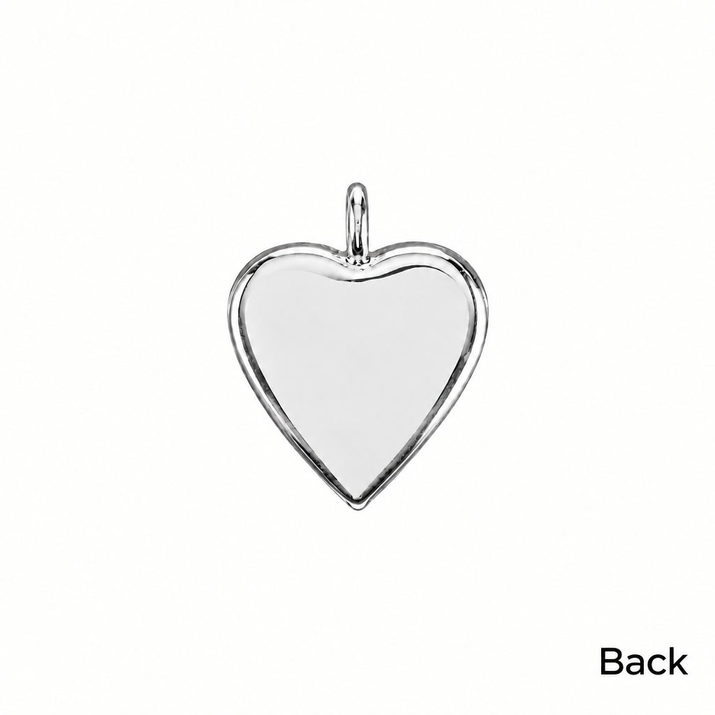 A polished silver heart-shaped pendant charm with a smooth reflective surface and a top loop, shown on a white background with the text 'Backside' in the lower right corner.