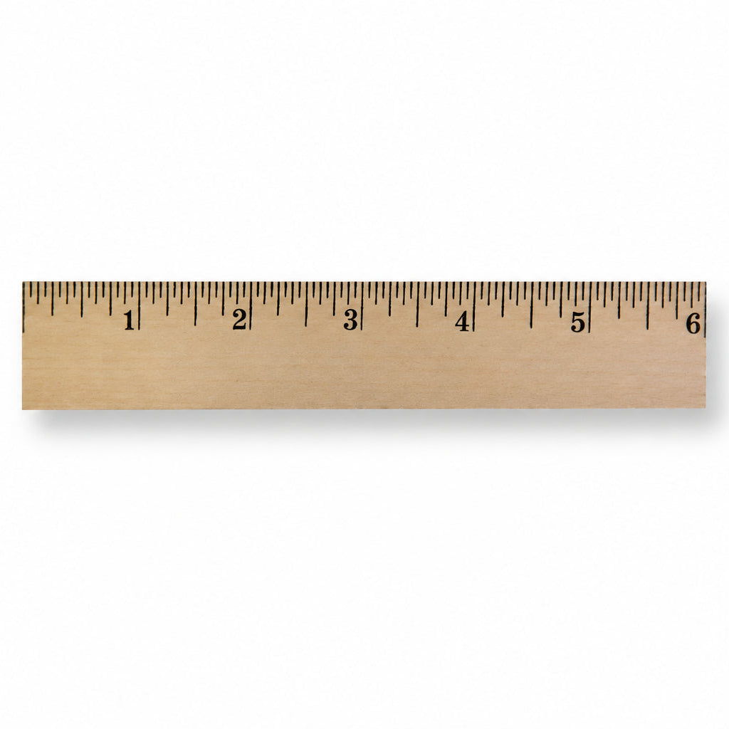 A wooden ruler with black printed inch markings from 1 to 6 inches, shown horizontally against a white background with a soft drop shadow.