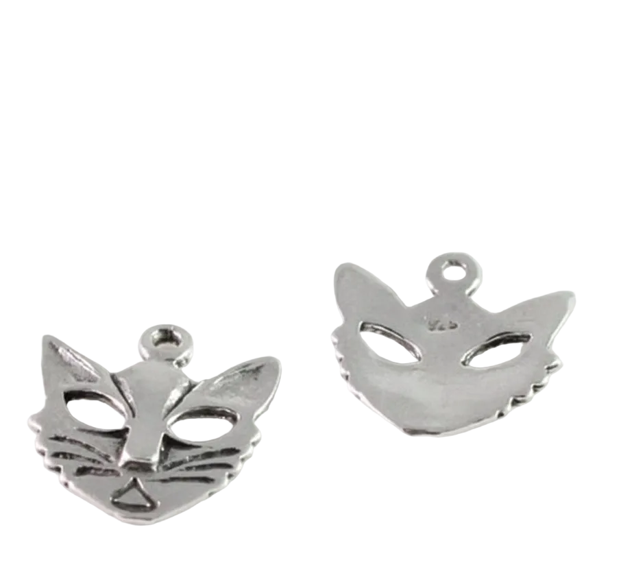 Two small silver metal charms shaped like animal faces, shown on a plain white background with a coin above them for scale.