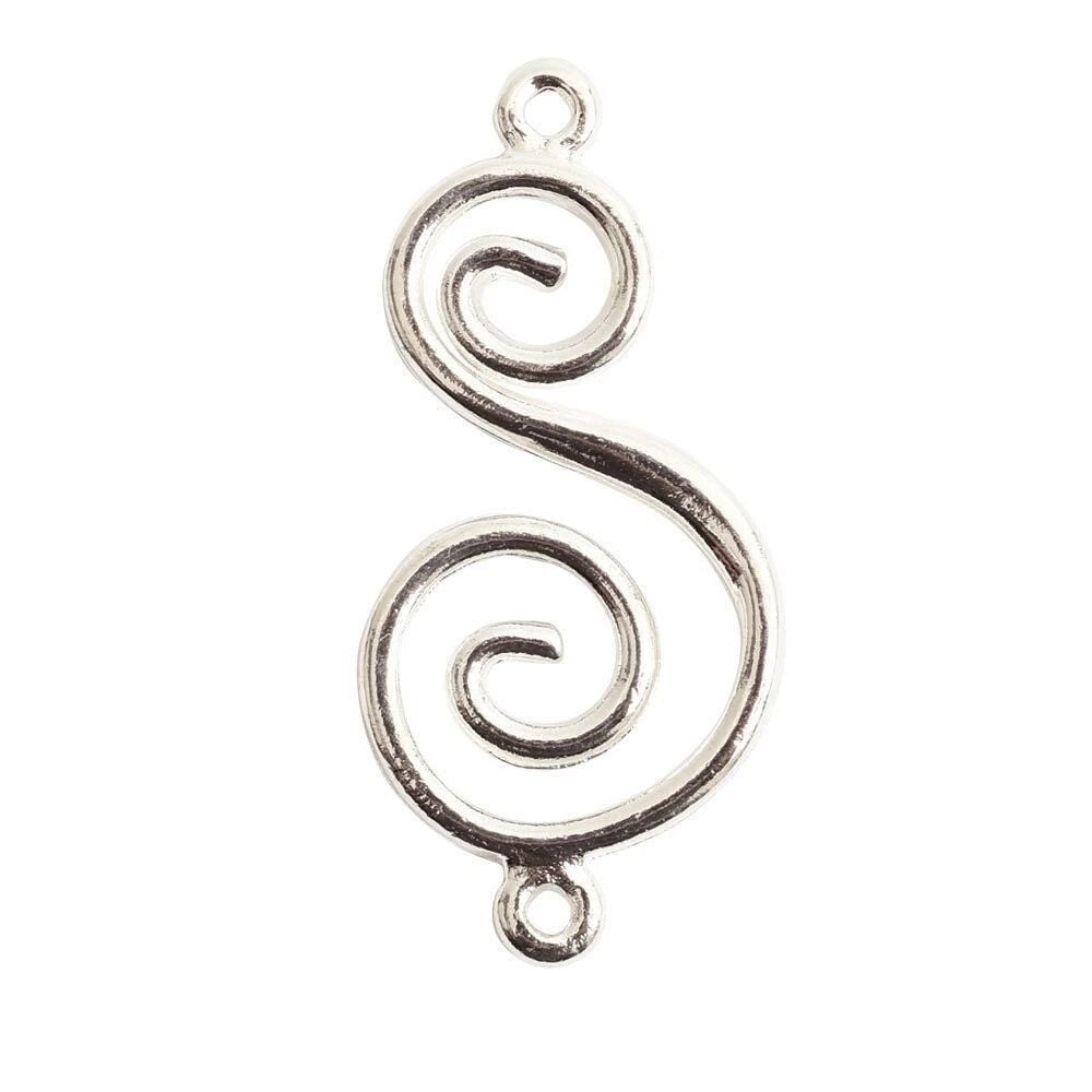An antique silver-tone metal charm shaped like a stylized spiral or S with two small loops at the top and bottom, shown on a plain white background.