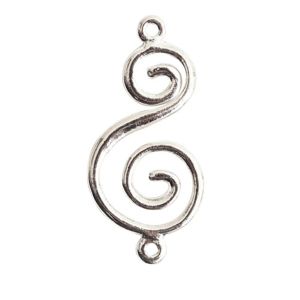A silver-toned metal charm shaped like a stylized spiral or S with two small loop openings at the top and bottom, shown on a plain white background.