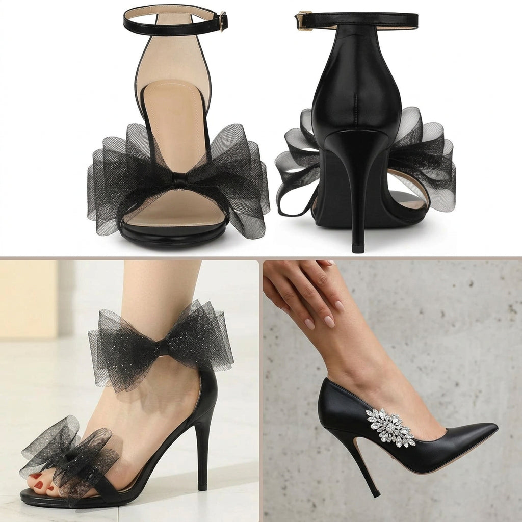 Black high-heeled sandals with a sheer black tulle bow at the ankle and a silver hook-and-loop ankle strap shown in a circular inset. The collage includes front, back, and worn-on-feet views on a light studio floor.