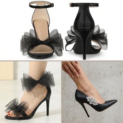Black high-heeled sandals with a sheer black tulle bow at the ankle and a silver hook-and-loop ankle strap shown in a circular inset. The collage includes front, back, and worn-on-feet views on a light studio floor.