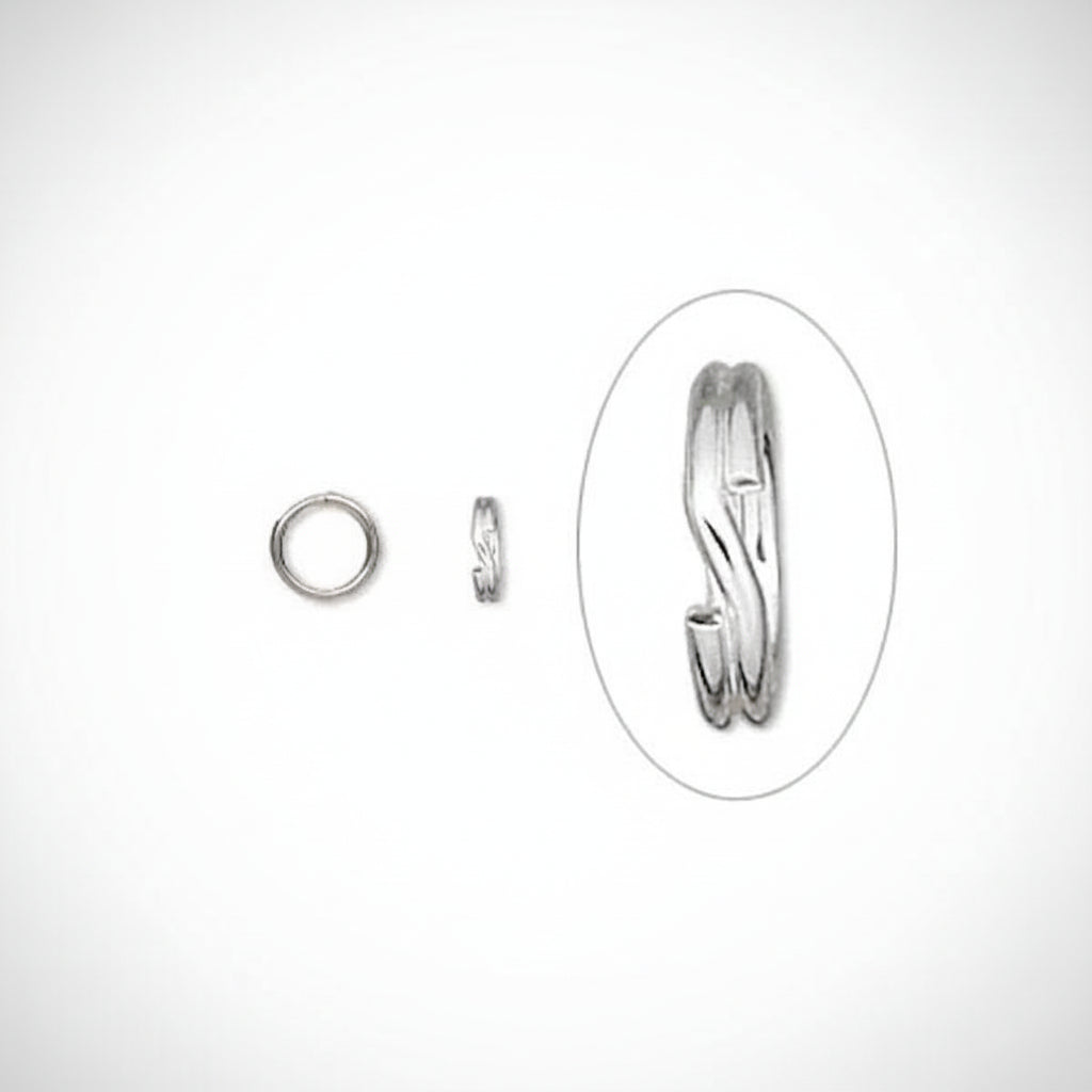 A silver-toned metal ring shown on a plain white background, with a small inset detail view inside an oval highlighting the band's twisted or textured design.