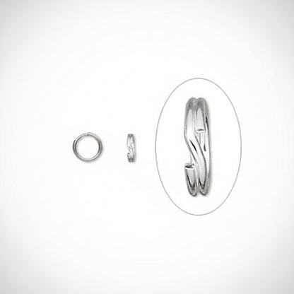 A silver-toned metal ring shown on a plain white background, with a small inset detail view inside an oval highlighting the band's twisted or textured design.