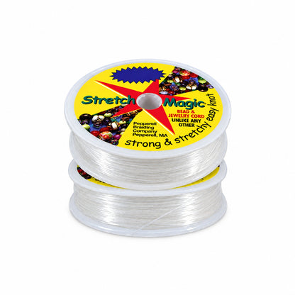 Two spools of Stretch Magic Bead and Jewelry Cord, featuring a yellow label with a red star logo and multicolor bead illustrations, stacked on a white background.