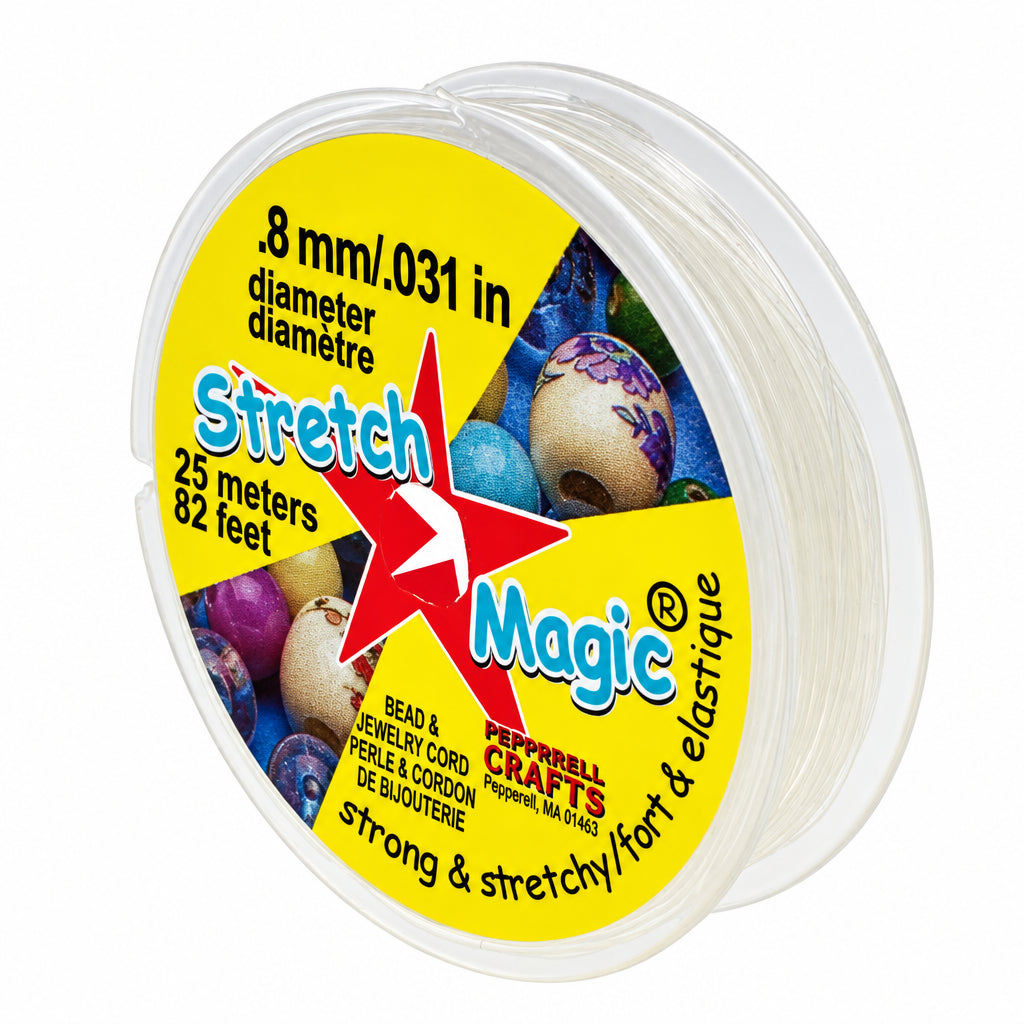 A spool of Peppin' Small Crafts Stretch Magic bead jewelry cord, 25 meters (82 feet) of .8 mm (0.