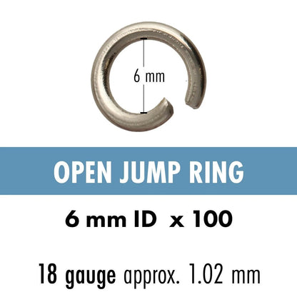 A silver open jump ring shown on a white background with text reading 'OPEN JUMP RING', '6 mm ID x 100', ' SILVER', and '18 gauge approx. 1.