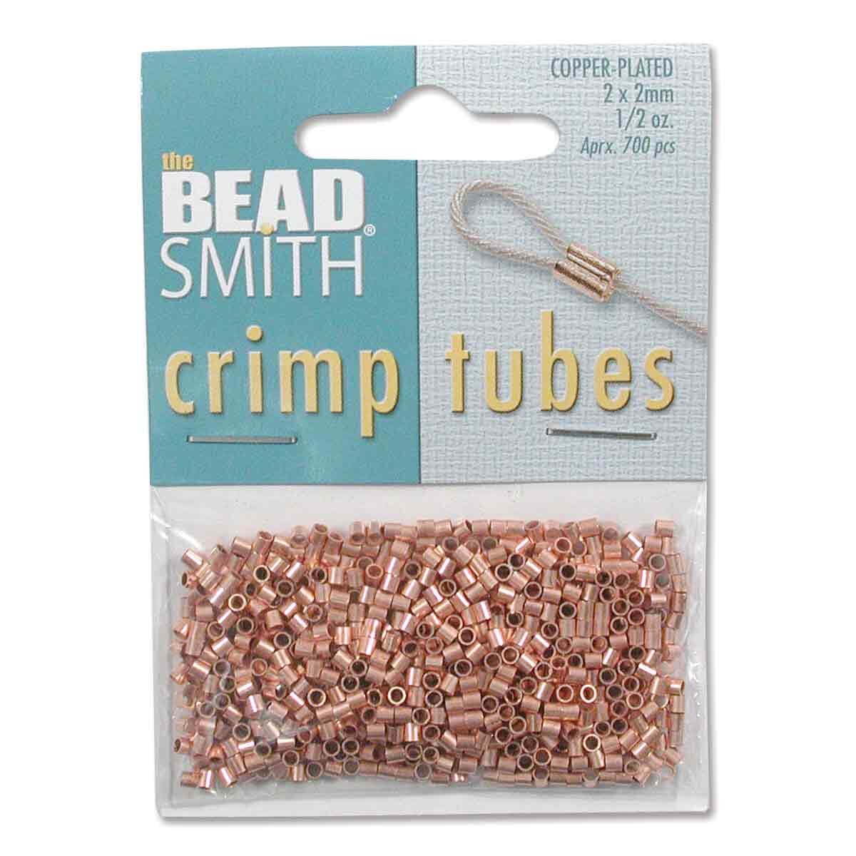 The Bead Smith copper-plated crimp tubes in a clear plastic bag with a teal and white cardboard header card.