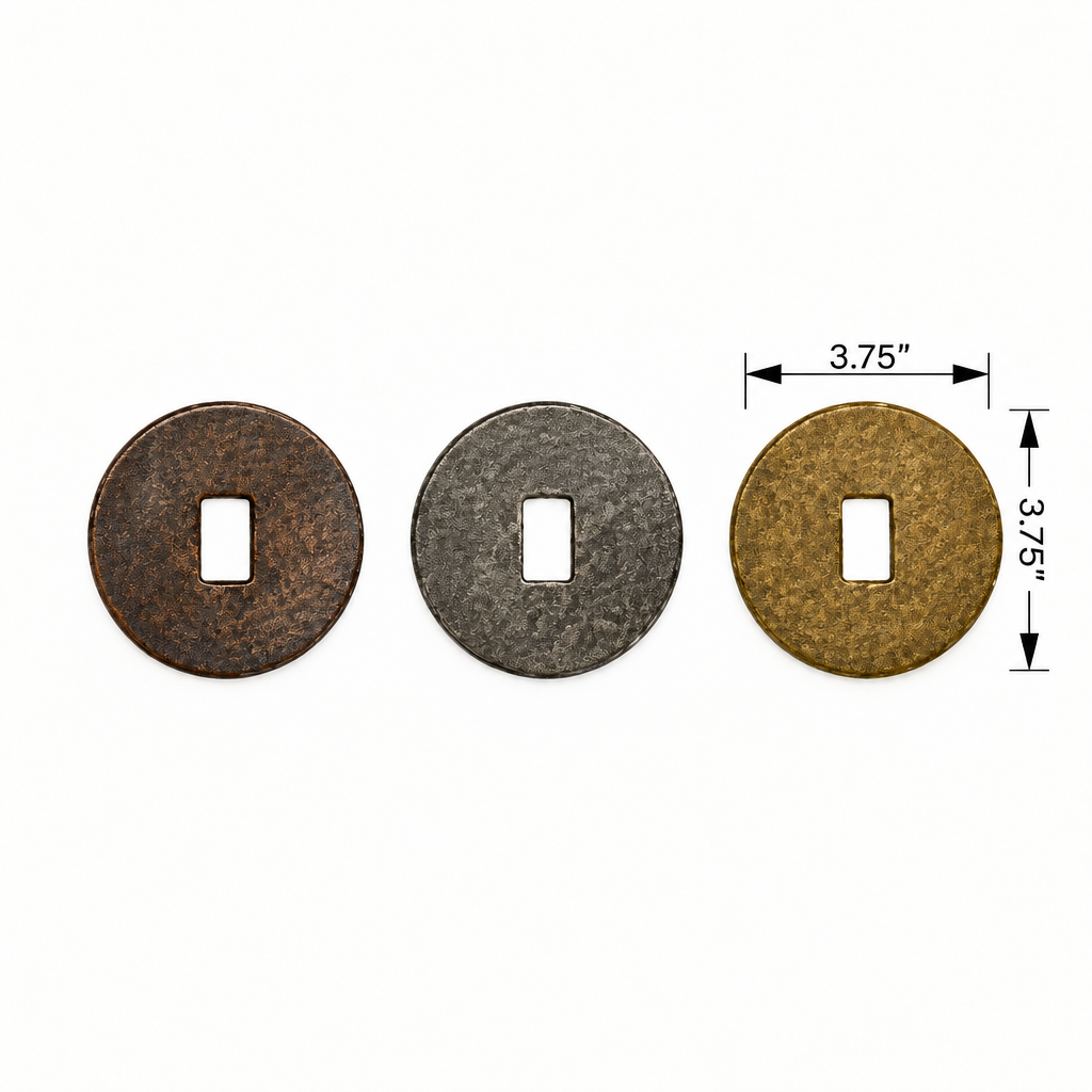 Three round metal coin-like pieces with square cutouts are shown on a white background, with dimension arrows and labels indicating 3.75 inches by 3.