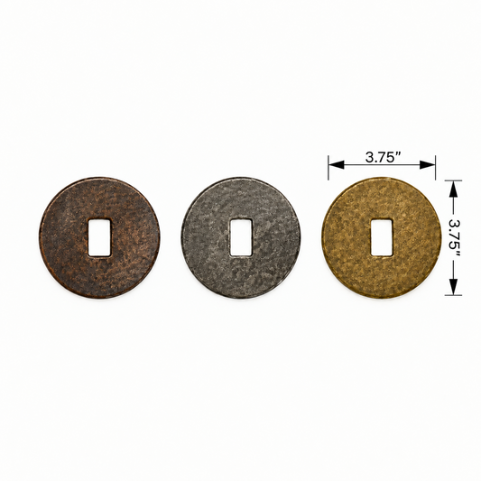 Three round metal coin-like pieces with square cutouts are shown on a white background, with dimension arrows and labels indicating 3.75 inches by 3.