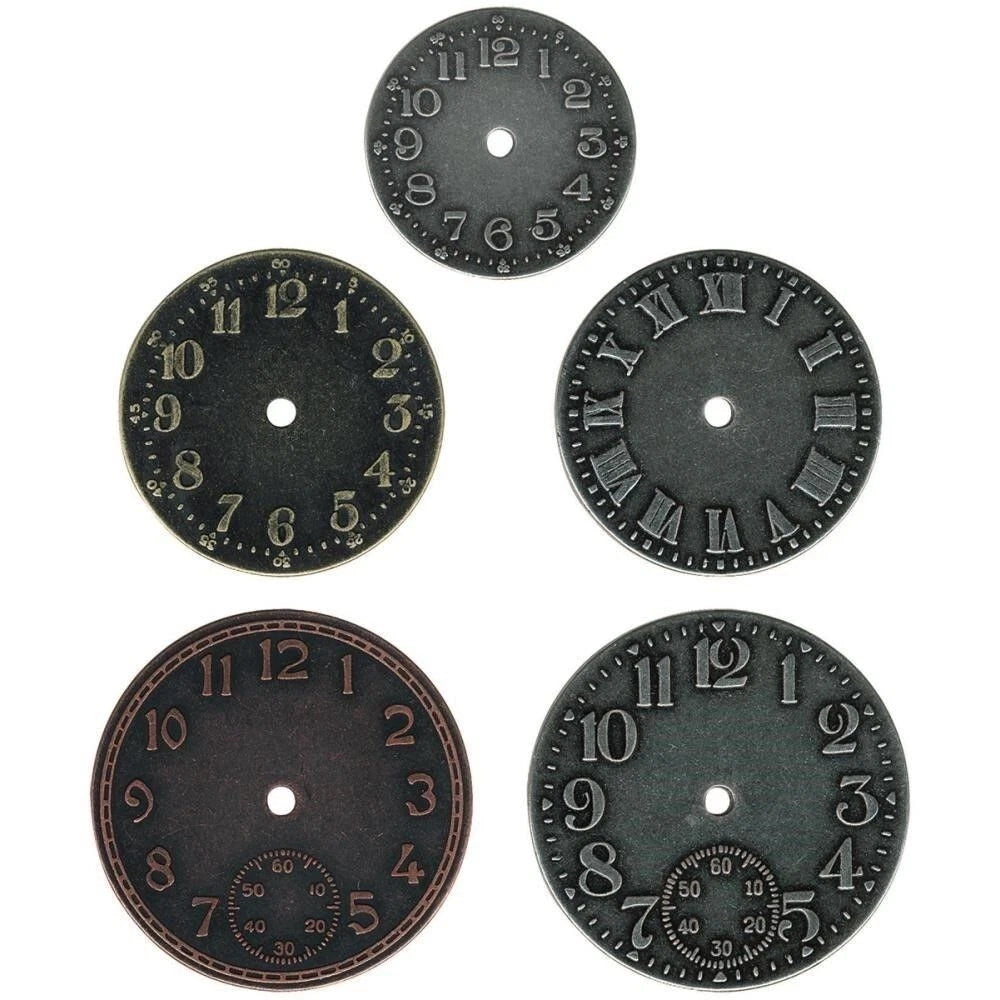 Five round clock face embellishments or watch dials in various antique styles, numbers, and finishes, arranged on a plain white background.