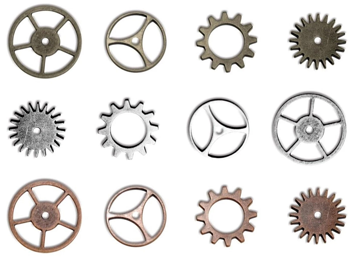 Twelve steampunk gear and wheel metal charms arranged in a 3x4 grid on a plain white background, featuring various designs and finishes including silver, bronze, and copper.