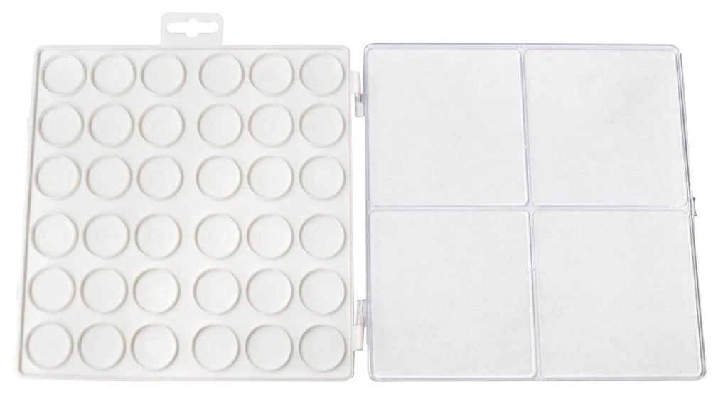A white plastic coin or collectible holder case shown open, with a left panel featuring 20 circular recesses and a right panel divided into four square sections, on a plain white background.
