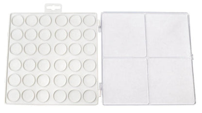 A white plastic coin or collectible holder case shown open, with a left panel featuring 20 circular recesses and a right panel divided into four square sections, on a plain white background.
