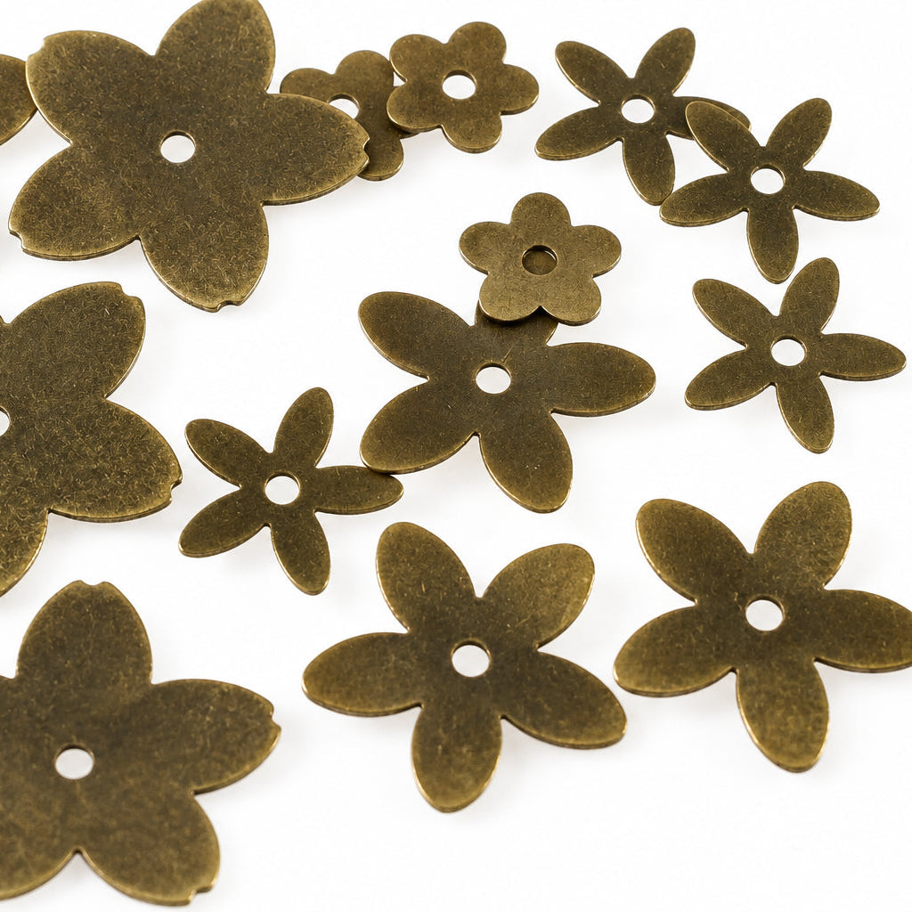 Dark brown flower-shaped craft beads with five petals and a central hole, scattered on a plain white background.