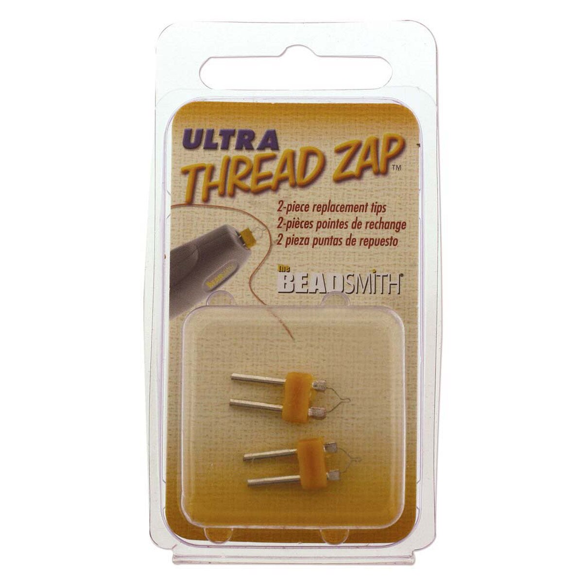 Beadsmith Ultra Thread Zap 2-piece replacement tips in a clear plastic blister pack with a tan and gold label.