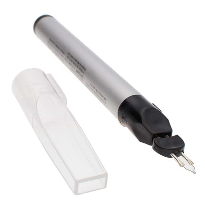 A silver and black electric tattoo pen shown alongside its clear plastic protective cover on a solid white background.