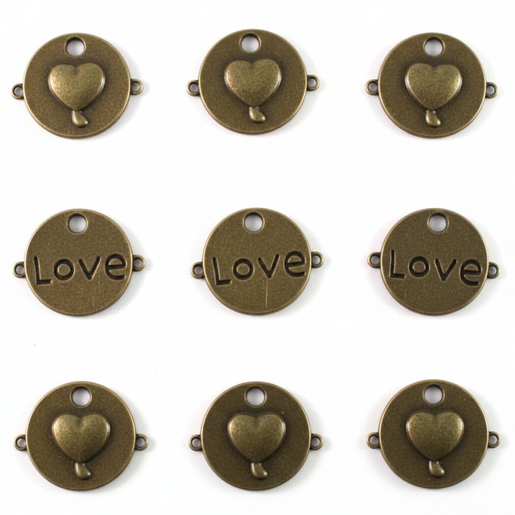 Nine round antique bronze metal charms arranged in a 3x3 grid on a white background. Each charm features a small heart at the top and the word 'Love' across the center in an engraved serif font.