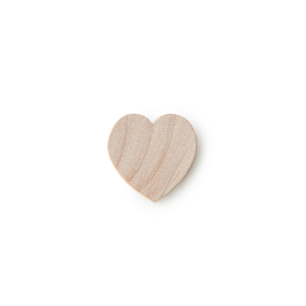 A small, heart-shaped wooden piece with a natural light tan color and visible wood grain, centered on a plain white background.