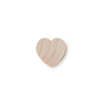 A small, heart-shaped wooden piece with a natural light tan color and visible wood grain, centered on a plain white background.