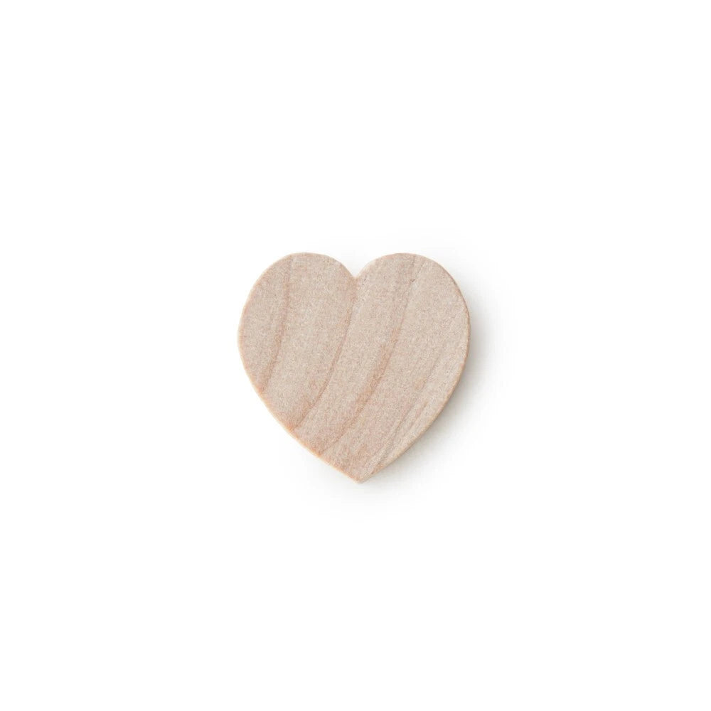 A small, heart-shaped wooden bead or charm with a natural, light tan wood grain texture, centered on a plain white background.