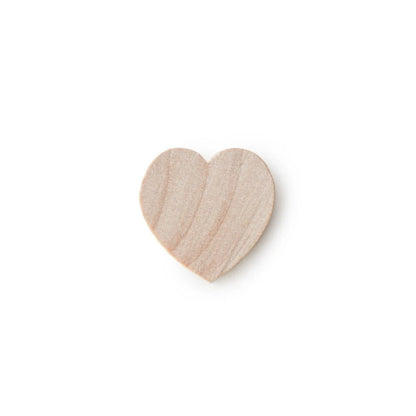 A small, heart-shaped wooden bead or charm with a natural, light tan wood grain texture, centered on a plain white background.