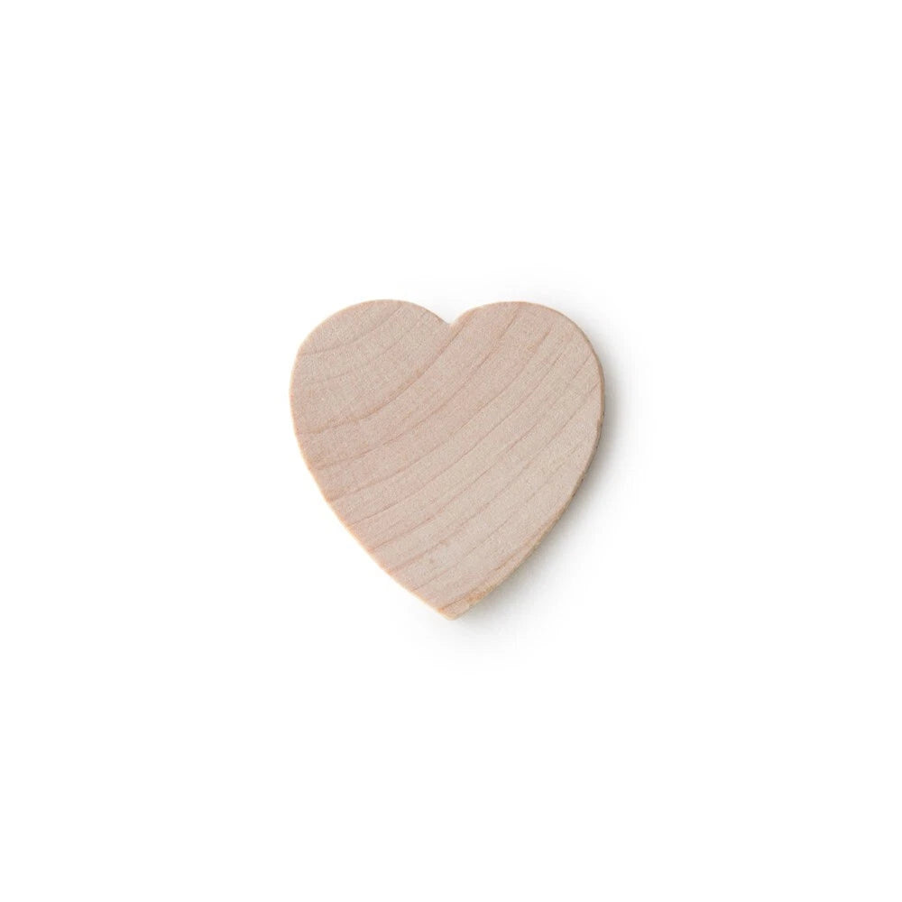 A small, heart-shaped wooden piece with natural light wood grain, centered on a plain white background.