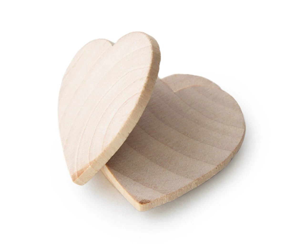Two unfinished heart-shaped wooden blocks, one leaning against the other, showing natural light wood grain on a white background.
