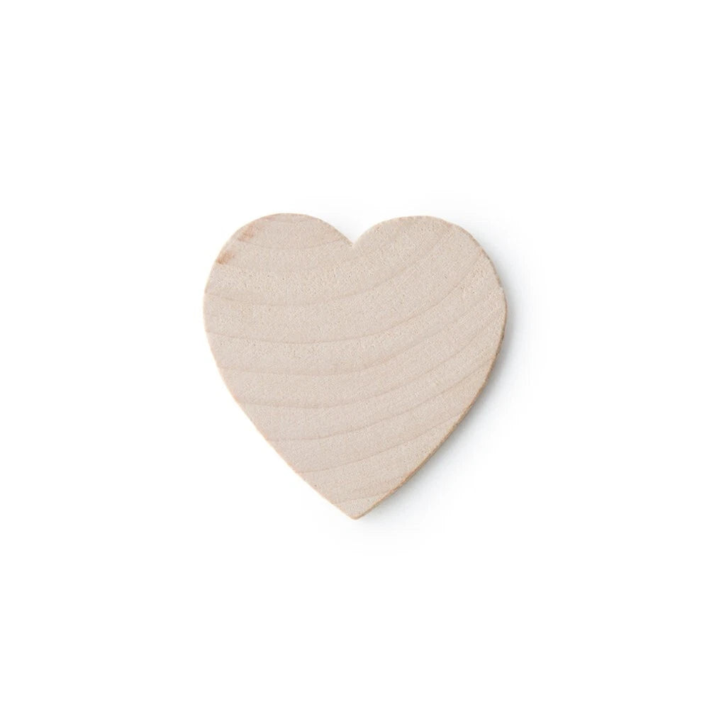 A single small heart-shaped wooden ornament with visible natural wood grain, centered on a plain white background.