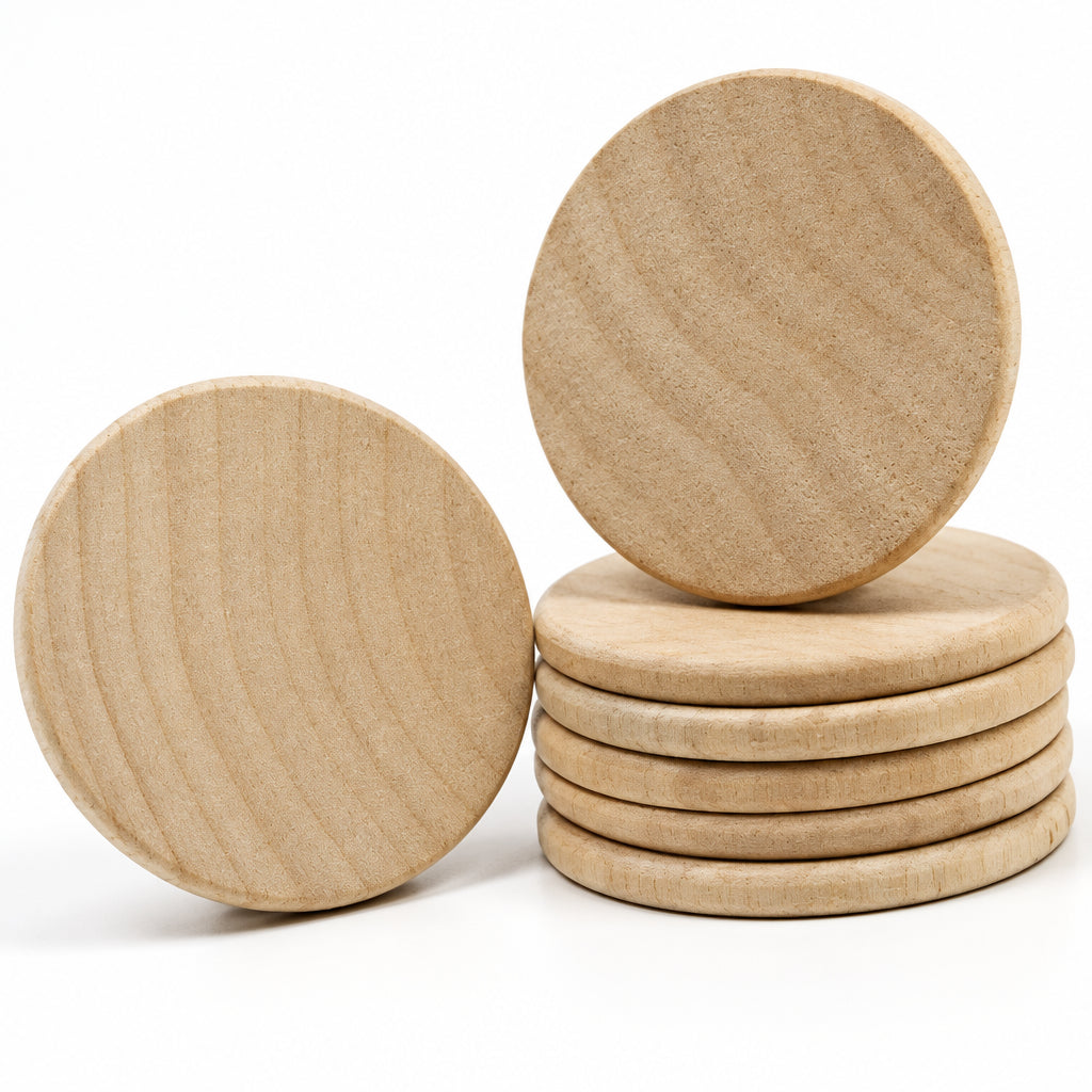 Natural wood round coasters displayed on a white background, with one coaster standing upright on the left and a stack of five coasters standing upright on the right with one additional coaster resting on top.