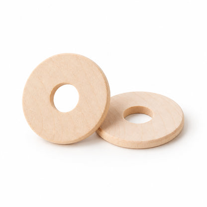 Two round unfinished wooden discs with central holes, displayed on a clean white background.