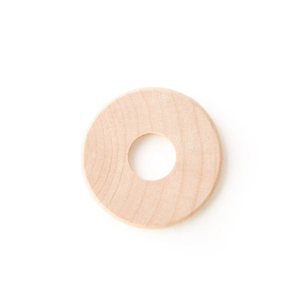A light natural wood circular ring with a central hole, shown on a plain white background.