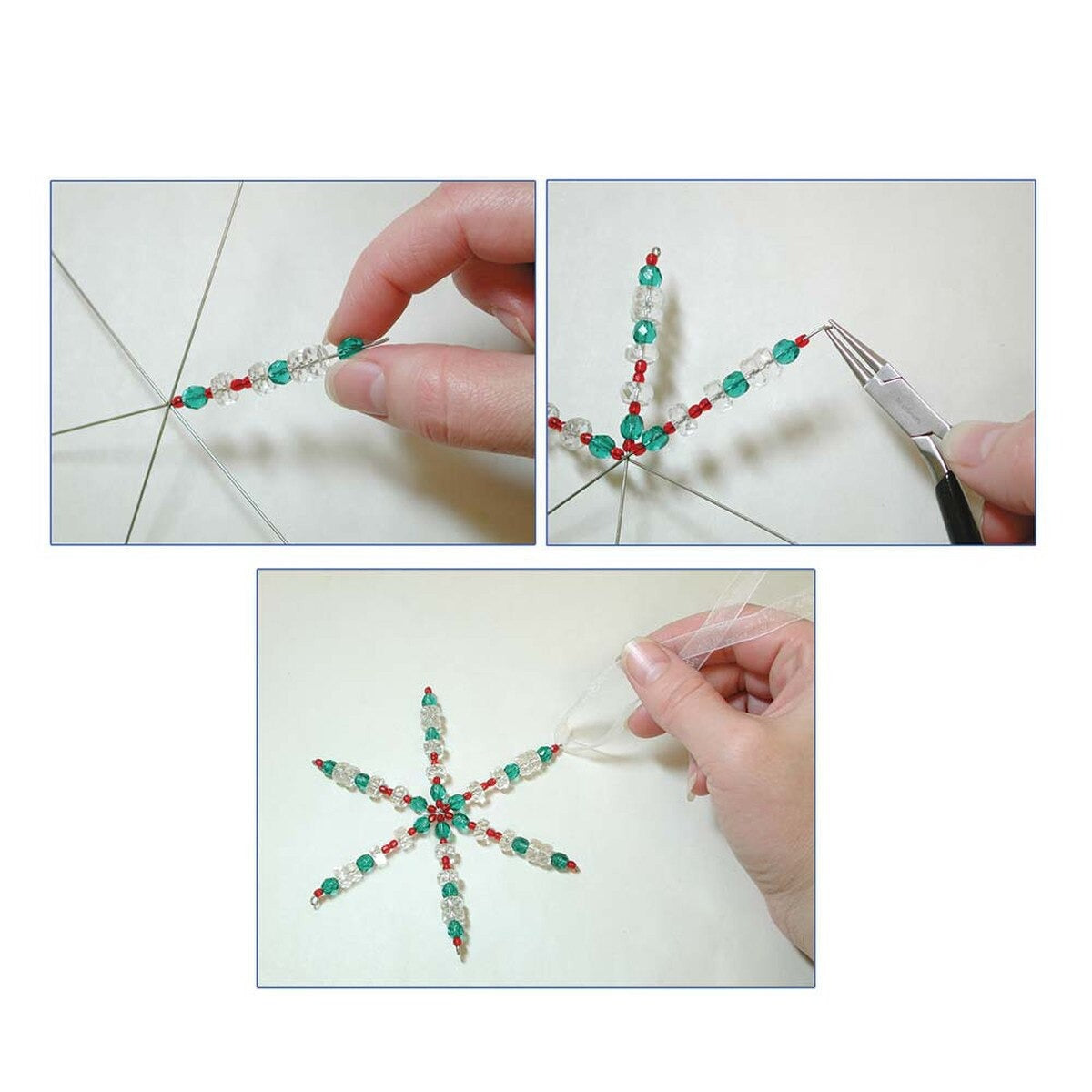 Step-by-step process of making a beaded star with hands and tools on a white background