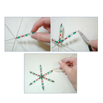 Step-by-step process of making a beaded star with hands and tools on a white background