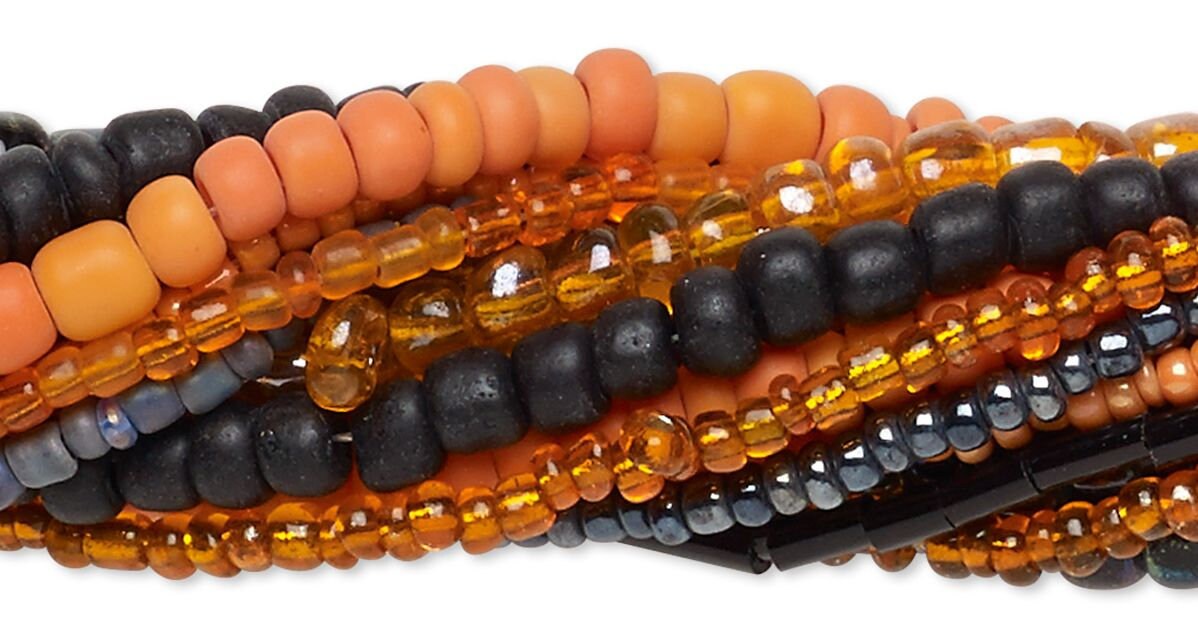 Orange & Black Halloween Glass Seed & Bugle Bead Mix (10 Strands)