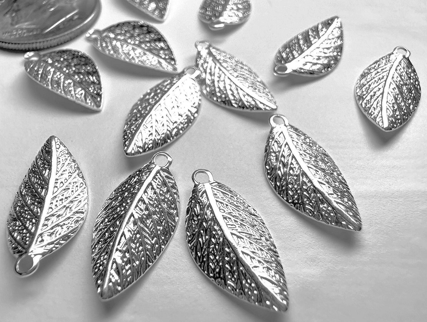 Silver Plated Brass Curved Leaf Pendant Drop Charms 8x15mm — 12 or 144 pcs
