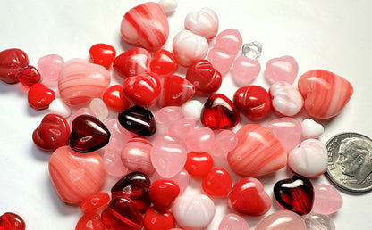 Czech Pressed Glass Puffed Heart Bead Mix Red & Pink 6–16mm — 50g (approximately 55 pcs)