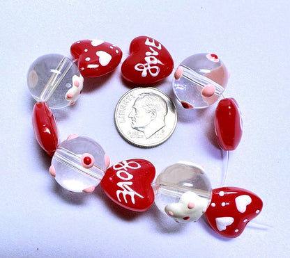Hand Painted Glass Valentine Love Round & Heart Beads 14mm — 10 pcs