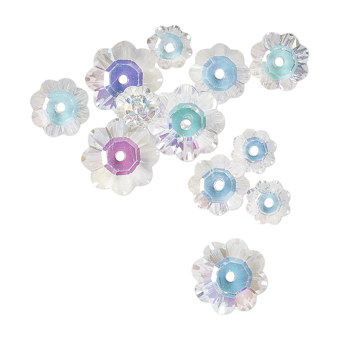 Set of multicolored flower-shaped beads on a white background