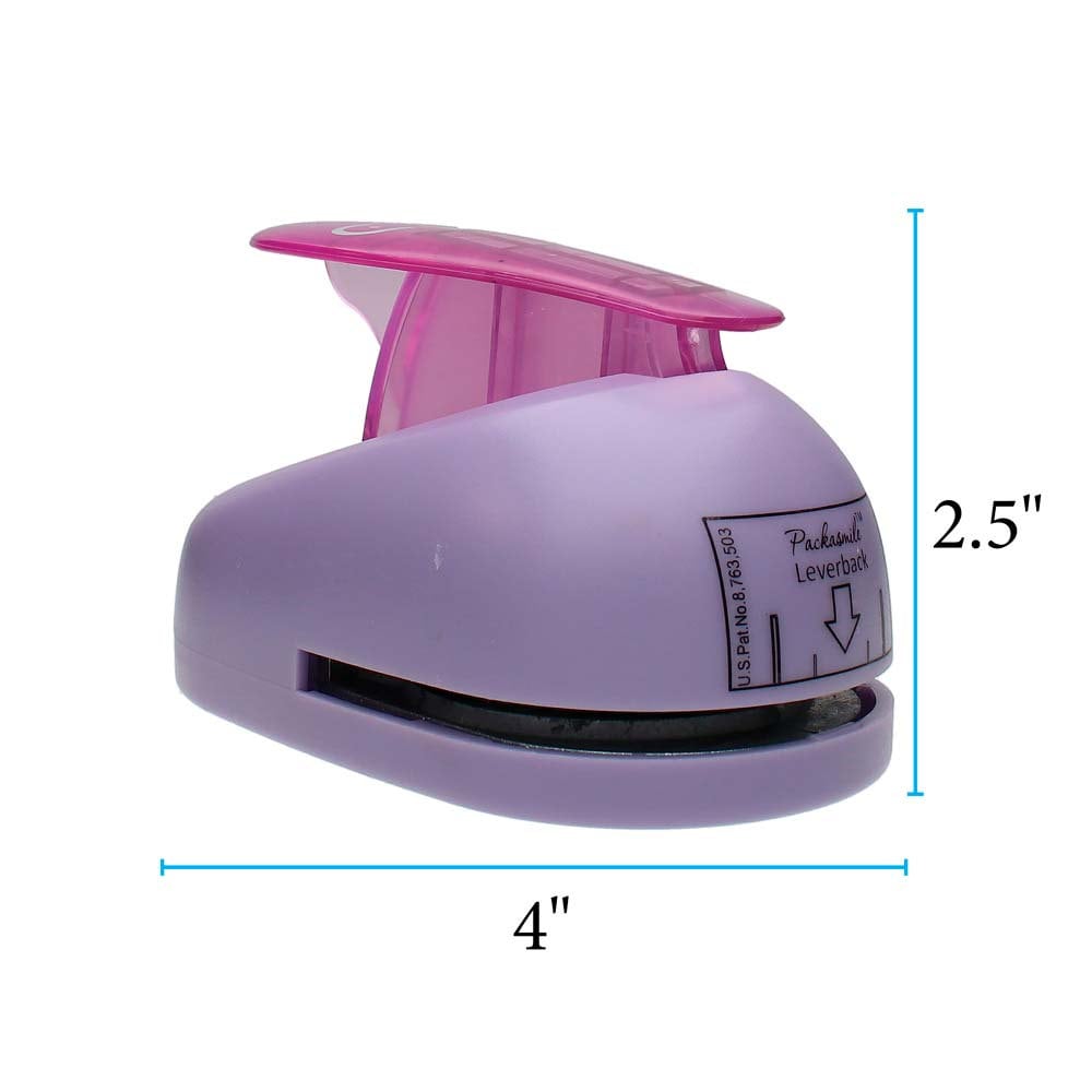 Purple paper punch with dimensions displayed on a white background