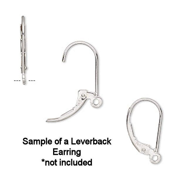 Silver leverback earring on a white background with text indicating it's not included.