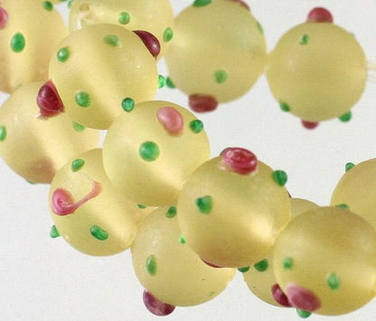 Lampworked Glass Beads: Frosted Lemon Yellow with Pink Roses & Green Leaves, 11-12mm Round (1 Strand)